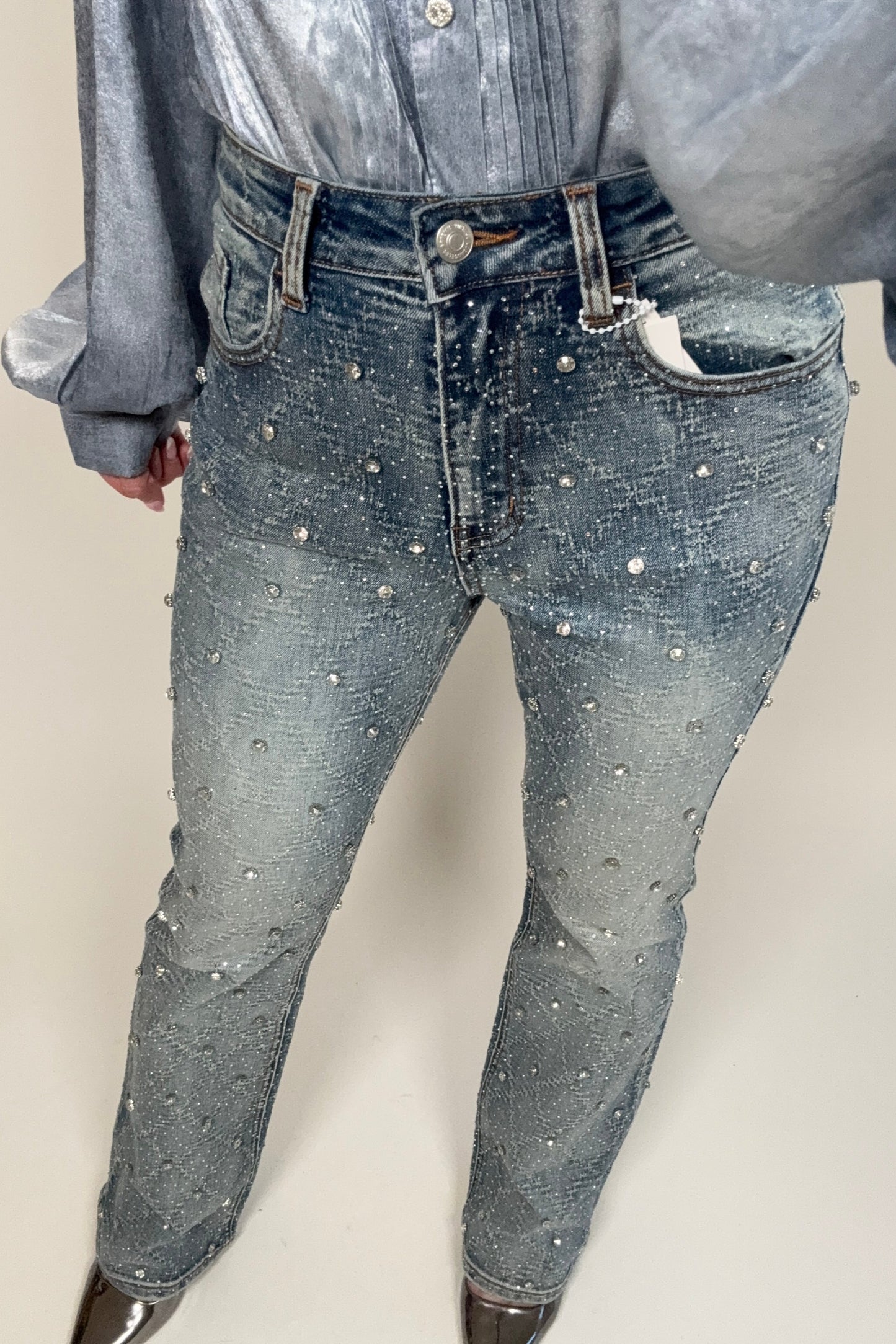 Jewel Embellished All over Rhinestone Modern Bootcut Jeans - Born To Glam Born To Glam