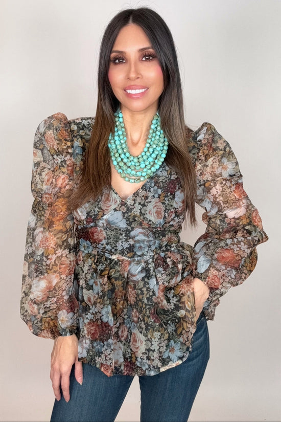Floral-Print Organza Puff-Sleeve Peplum Top - Born To Glam Born To Glam