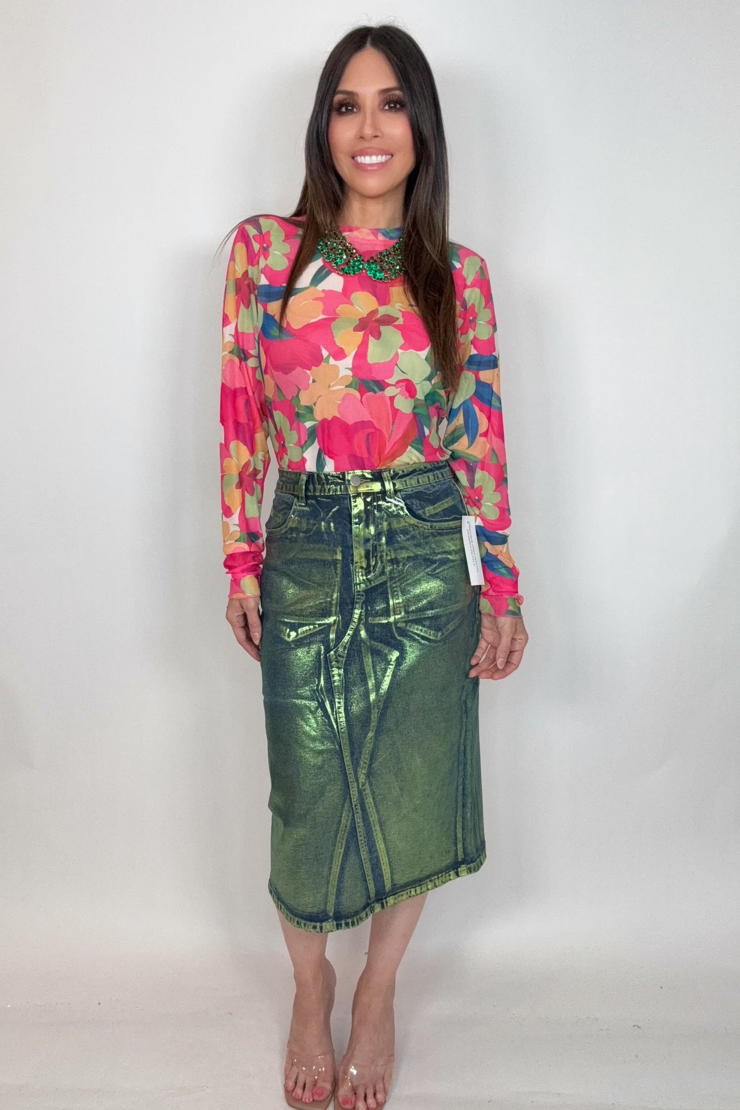 Clara Green Denim Foil Coated Midi Skirt Born To Glam