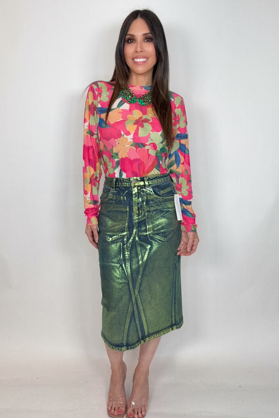 Clara Green Denim Foil Coated Midi Skirt Born To Glam