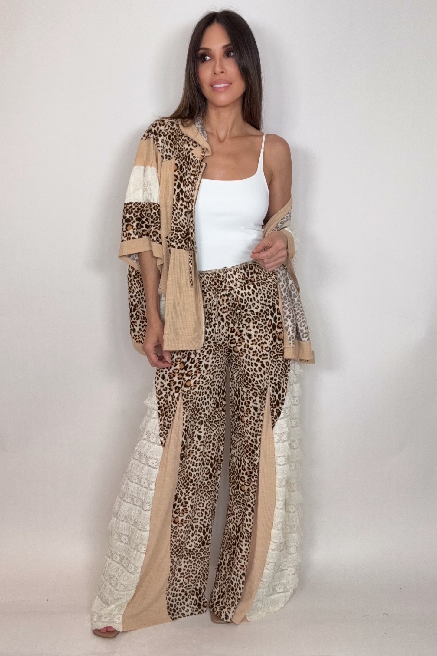 Beige Leopard Zip Up Hoodie Top - Born To Glam Born To Glam