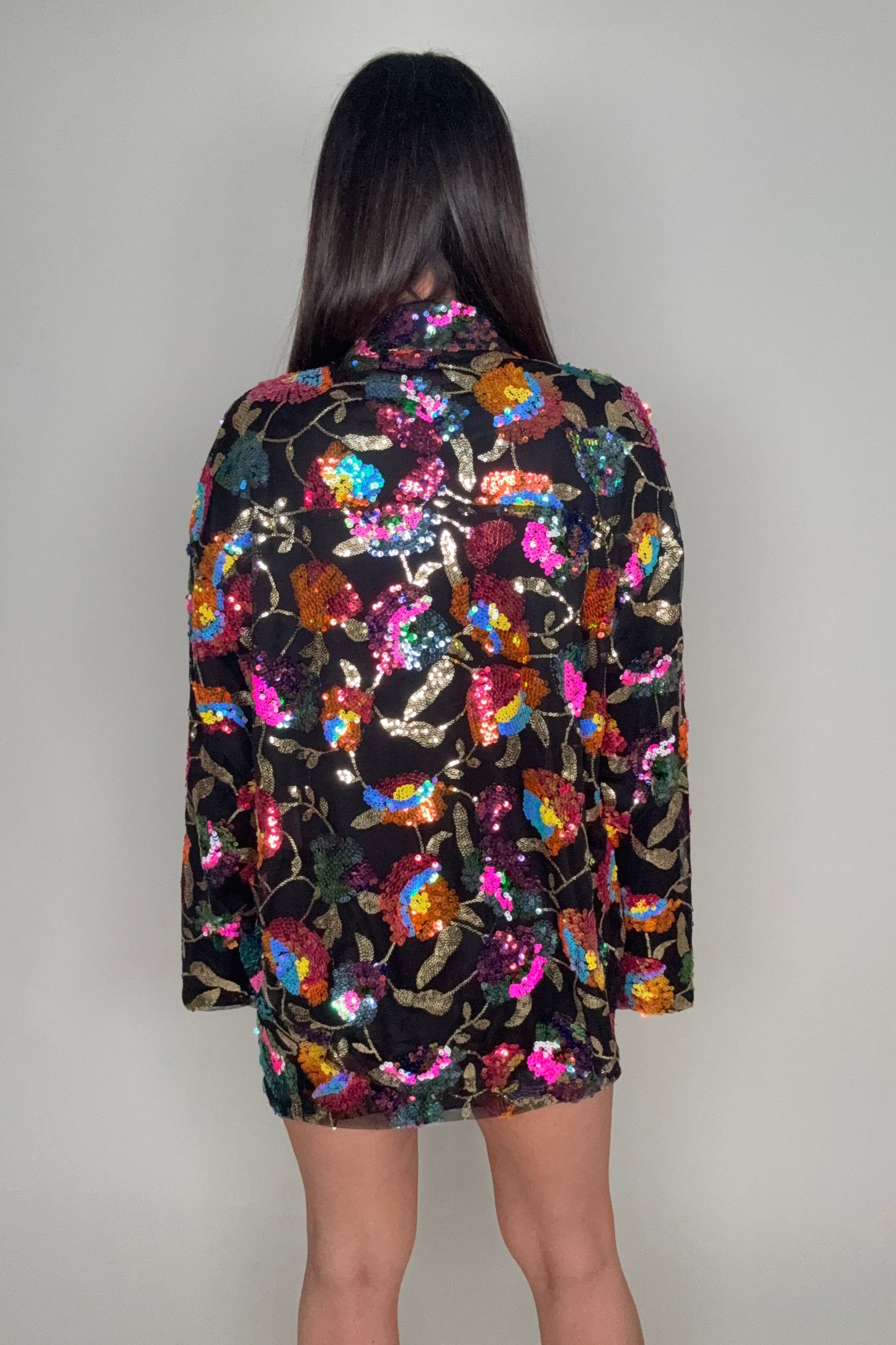 Black Multi Flower Sequin Oversize Shirt - Born To Glam Born To Glam