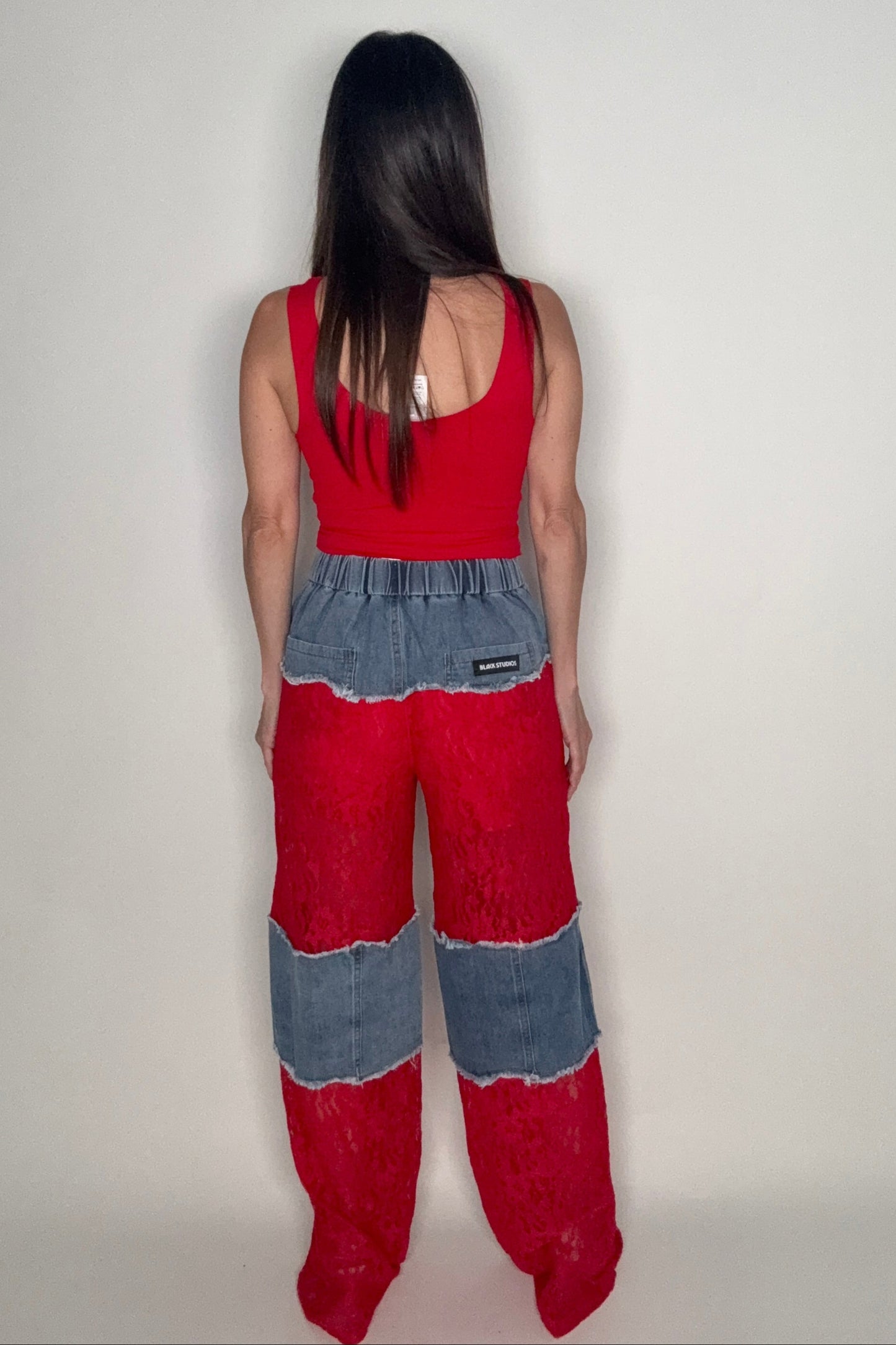 Red Color Block Lace and Denim Wide Leg Pants - Born To Glam Born To Glam