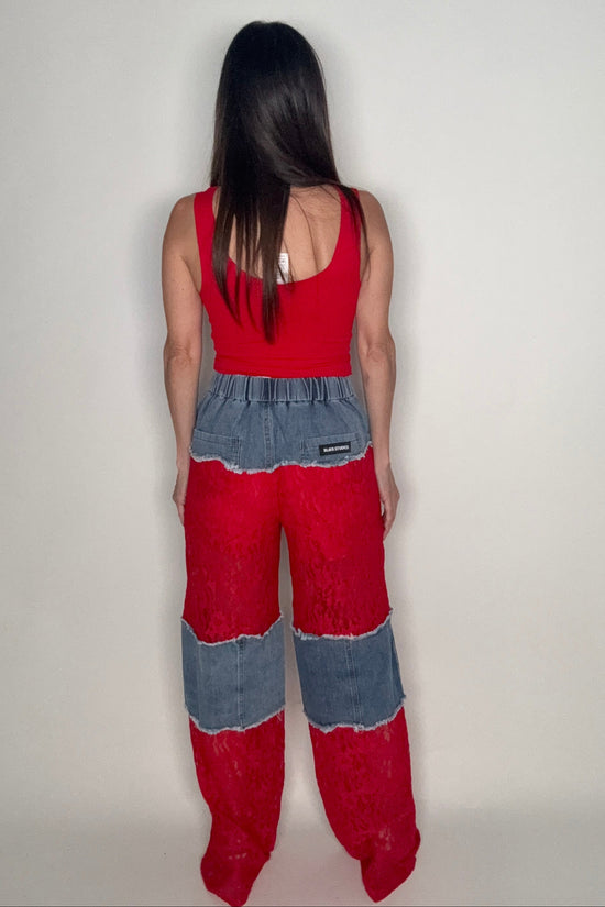 Red Color Block Lace and Denim Wide Leg Pants - Born To Glam Born To Glam