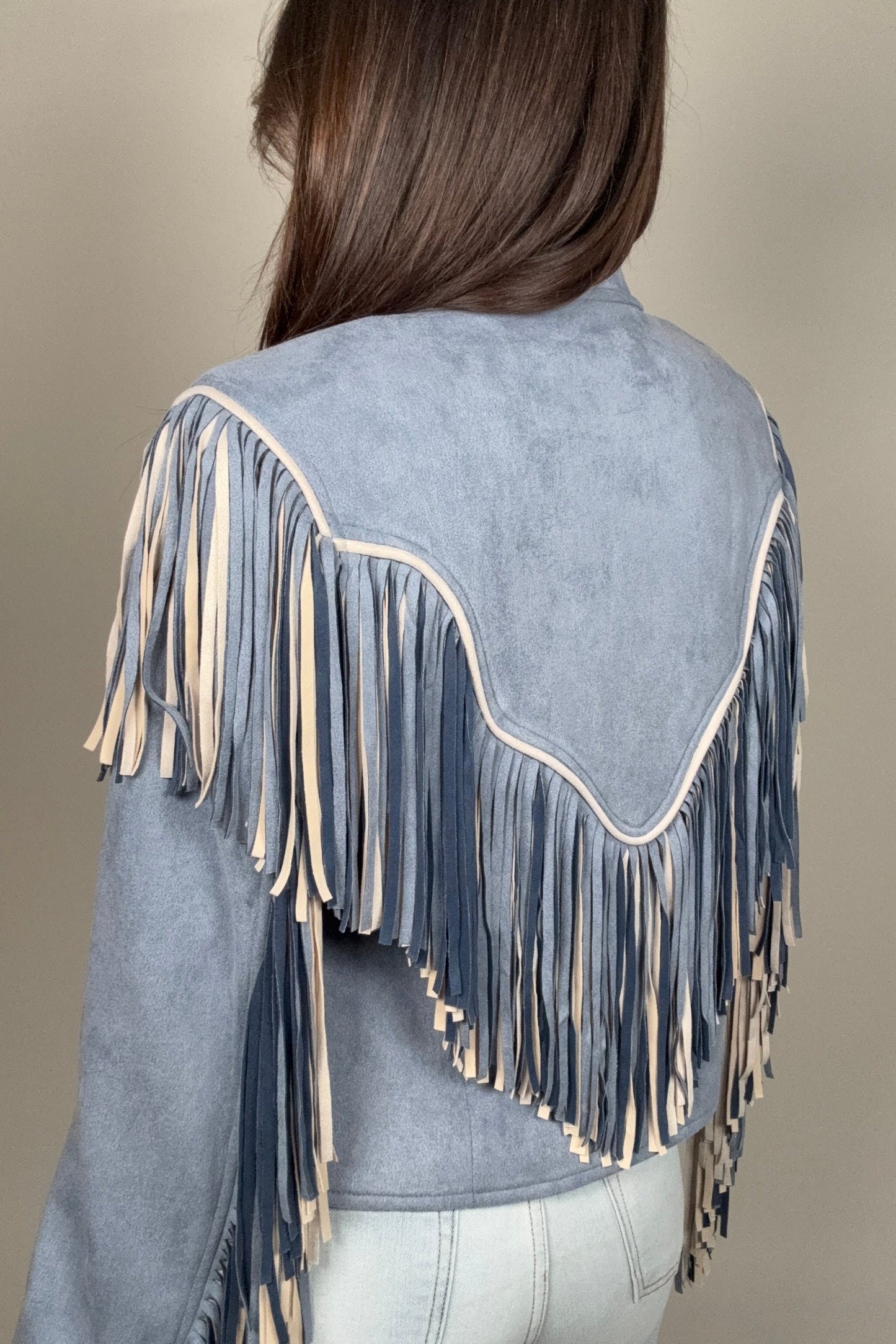 Blue Faux Suede 2 Tone Fringe Jacket - Born To Glam Born To Glam