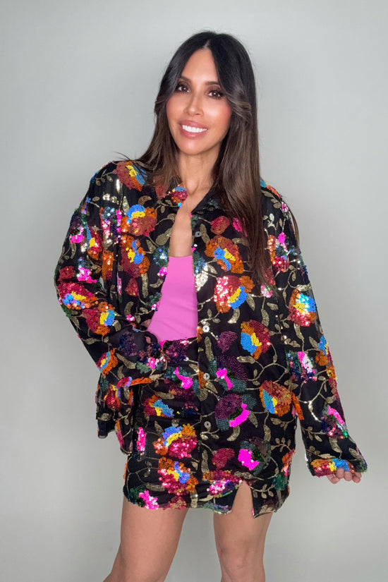 Black Multi Flower Sequin Oversize Shirt - Born To Glam Born To Glam