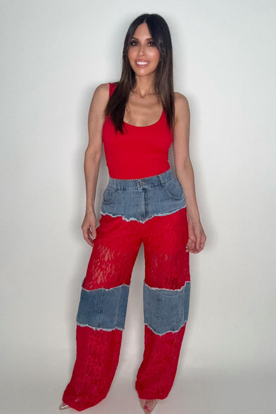 Red Color Block Lace and Denim Wide Leg Pants - Born To Glam Born To Glam