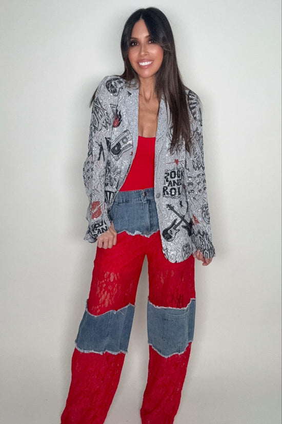 Grey Rock and Roll Embellished Lace Blazer Jacket - Born To Glam Born To Glam