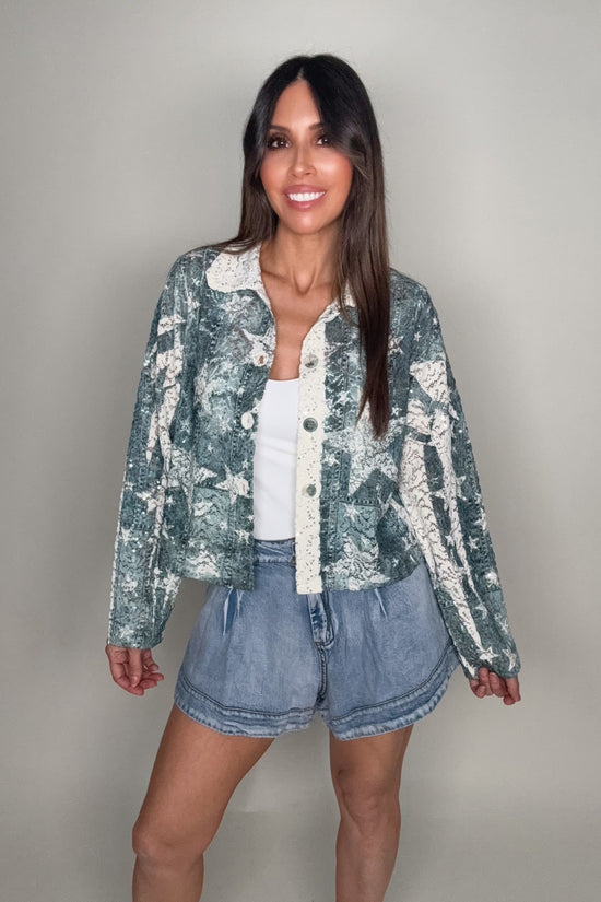 Blue Star Cropped Sequin Button-Up Jacket - Born To Glam Born To Glam