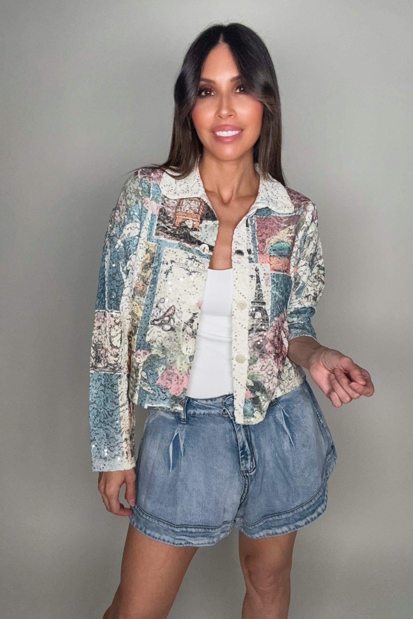 Paris Print Cropped Sequin Jacket - Born To Glam Born To Glam