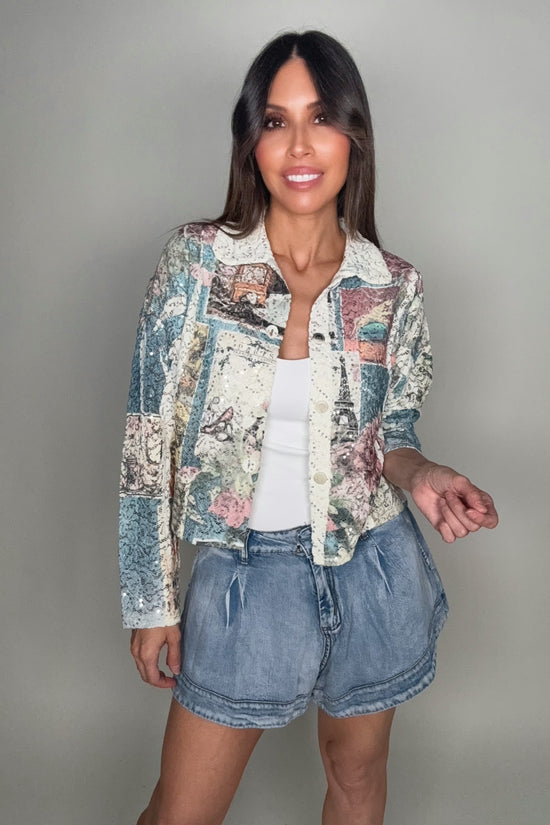 Paris Print Cropped Sequin Jacket - Born To Glam Born To Glam