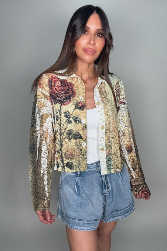 Burgundy Rose Lace Sequin Cropped Jacket - Born To Glam Born To Glam