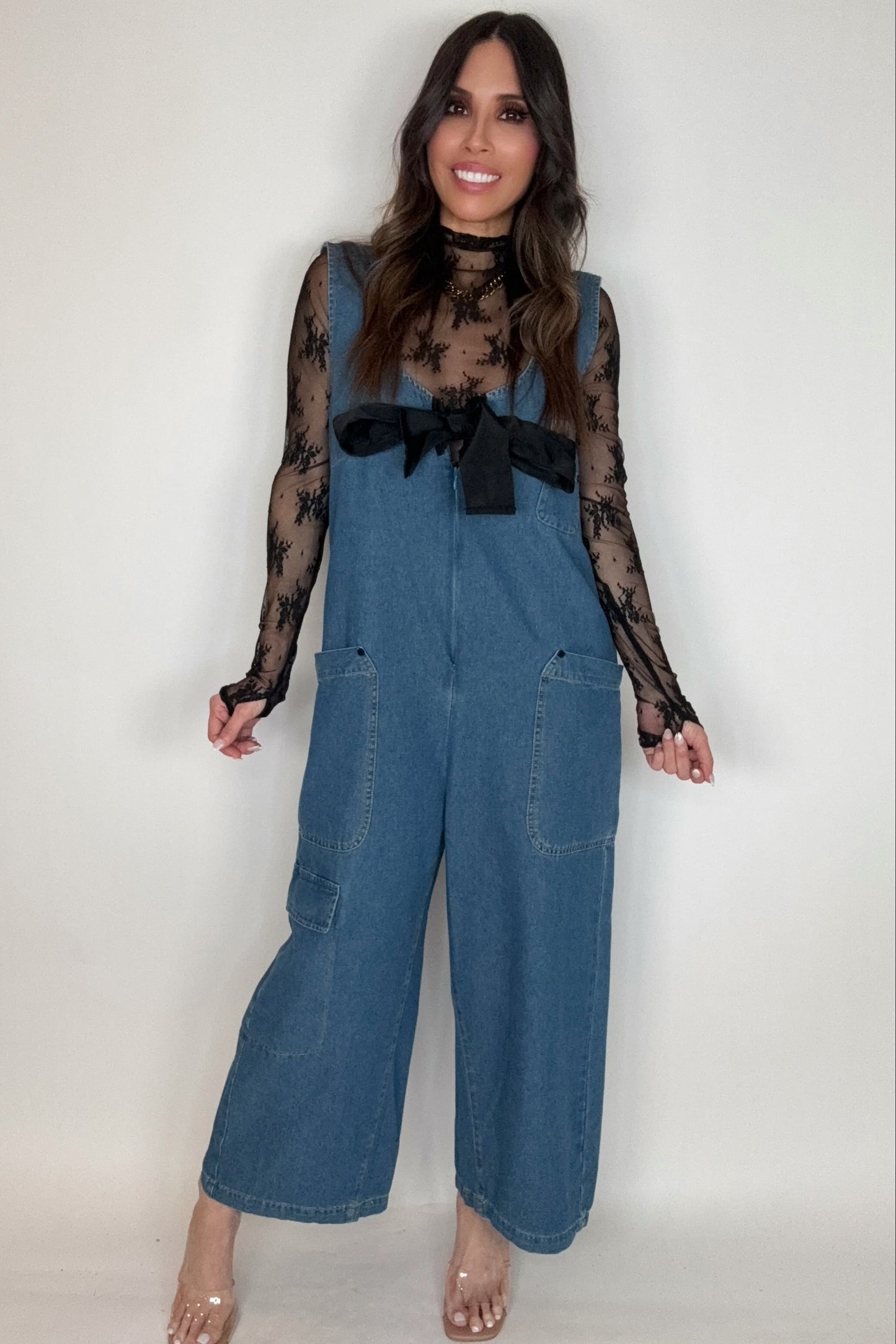 WASHED SOFT DENIM BOW TIE ZIPPER FRONT JUMPSUIT - Born To Glam Born To Glam