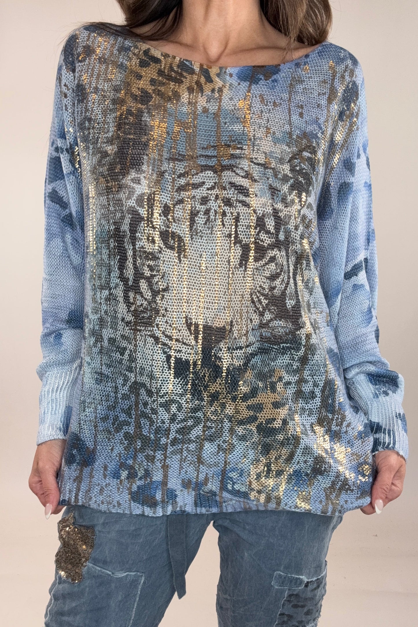 Denim Blue Tiger Face Waffle Knit - Born To Glam Born To Glam