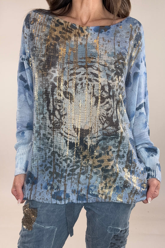 Denim Blue Tiger Face Waffle Knit - Born To Glam Born To Glam