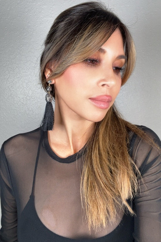 Silver Crystal Gold Plated Black Thread Tassel Earring - Born To Glam Born To Glam