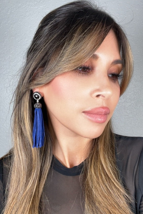 Leather 925 Sterling Silver Gemstone Tassel Earring - Born To Glam Born To Glam