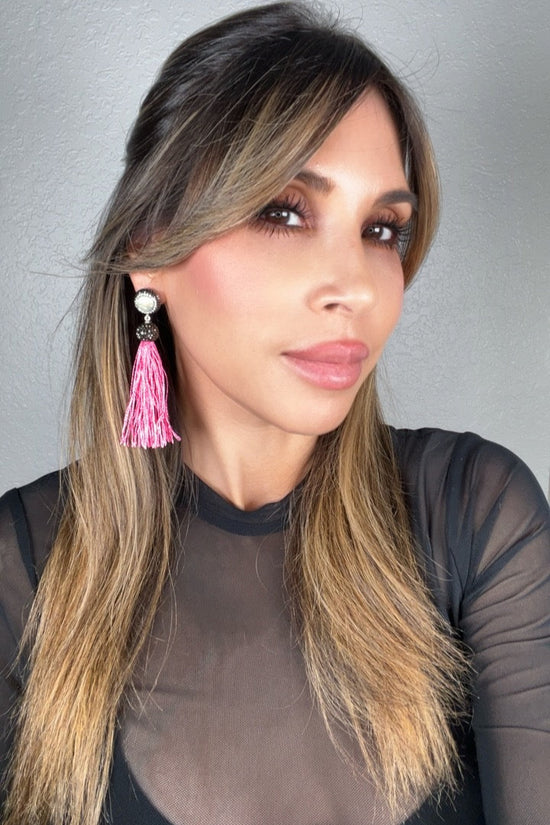 Load image into Gallery viewer, Round Gemstone Long 925 Sterling Silver Tassel Earring - Born To Glam
 Born To Glam