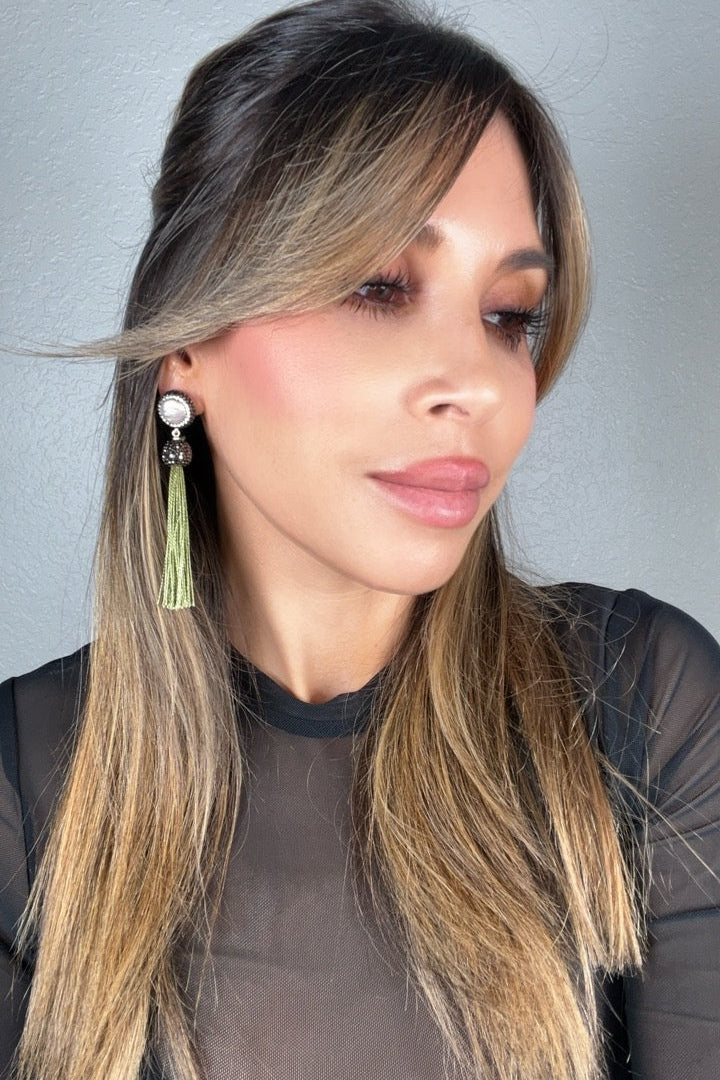 Round Gemstone Long 925 Sterling Silver Tassel Earring - Born To Glam Born To Glam
