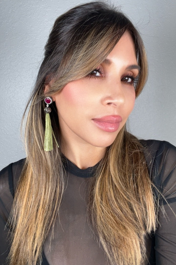 Round Gemstone Long 925 Sterling Silver Tassel Earring - Born To Glam Born To Glam