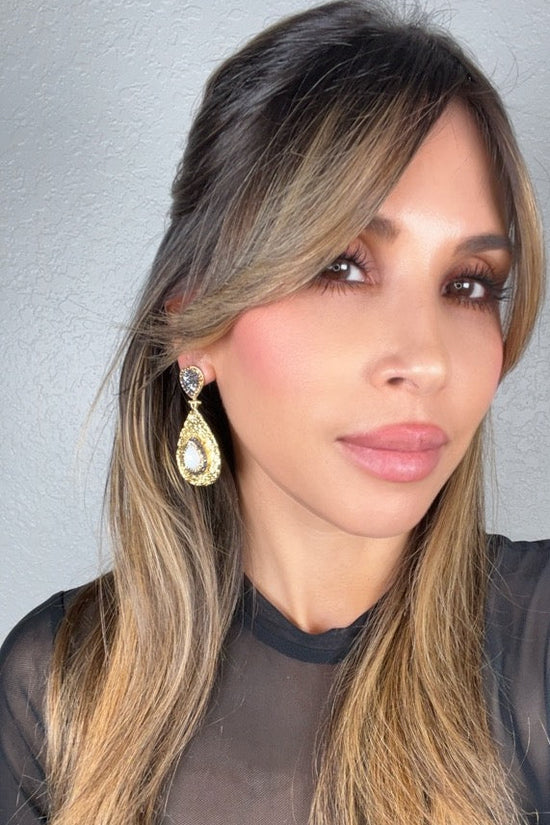 Teardrop Gemstone & Crystal Brass Dangle Earring - Born To Glam Born To Glam