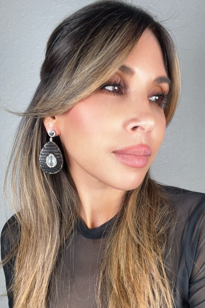 Teardrop Gemstone Leather & Crystal Drop Earrings - Born To Glam Born To Glam