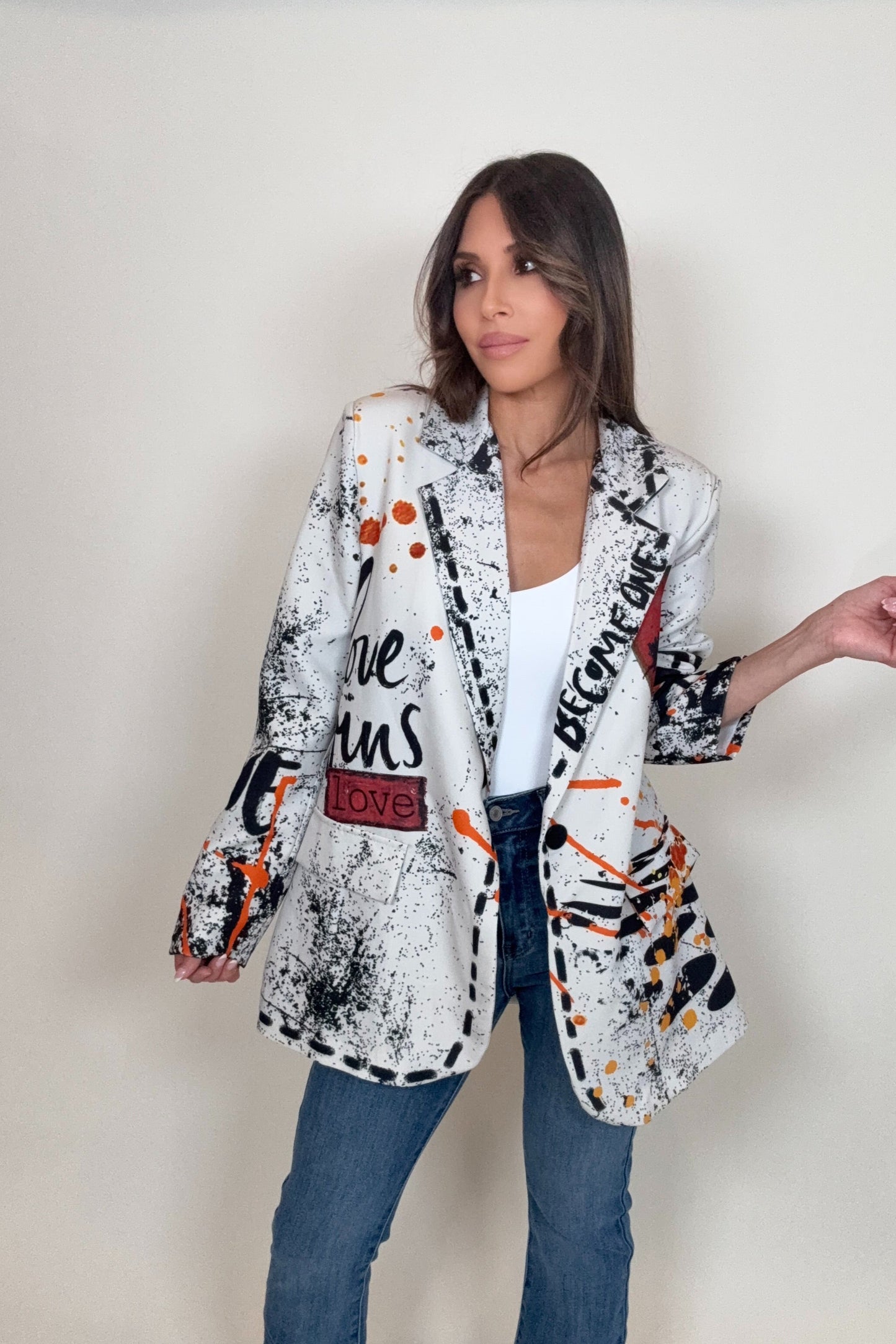 White Love Print Blazer Born To Glam