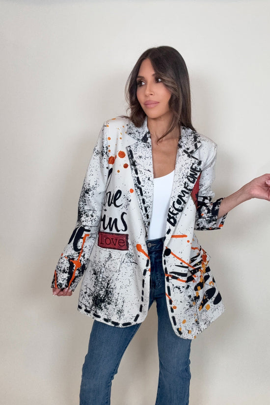 White Love Print Blazer Born To Glam