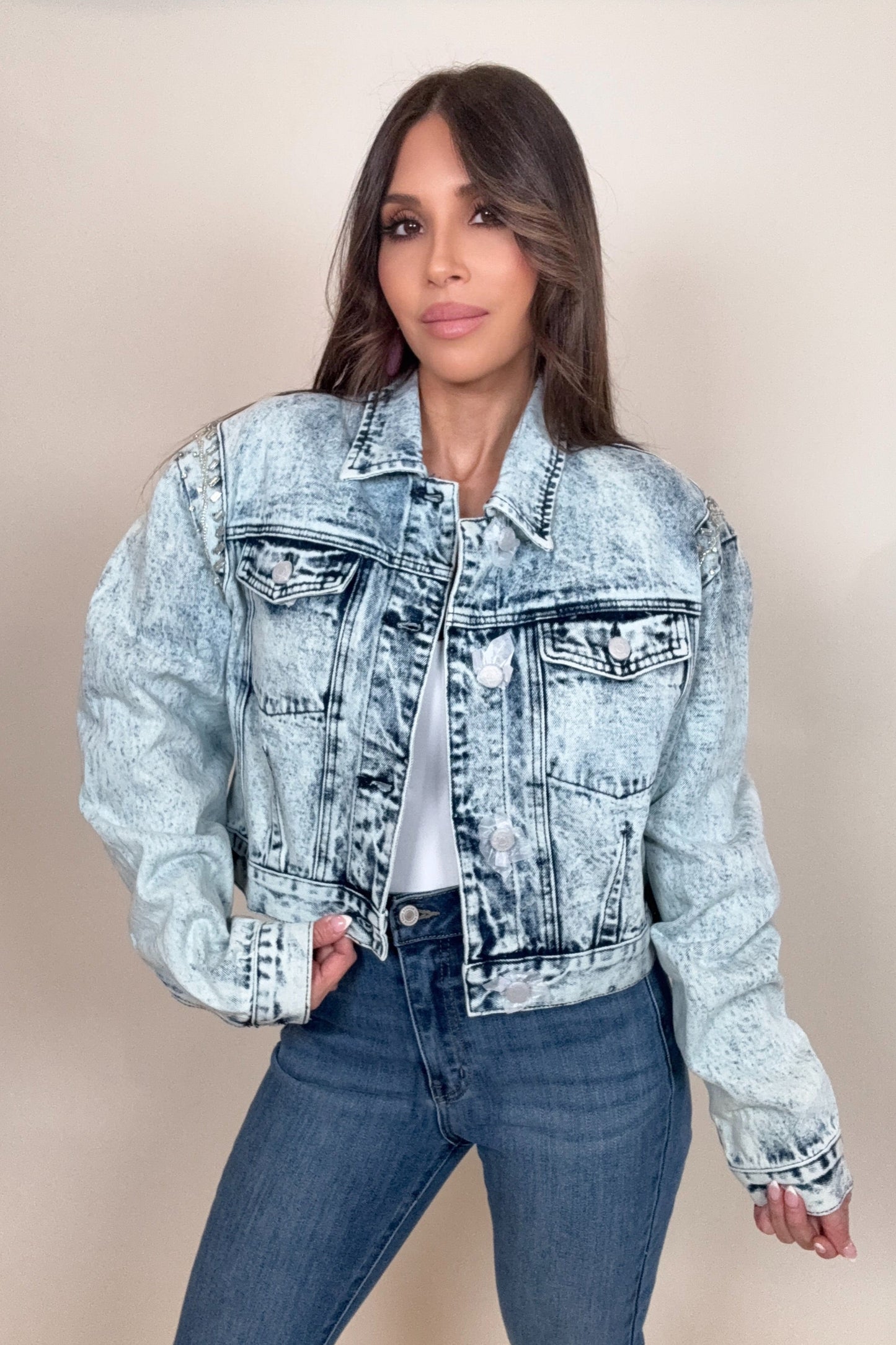 Acid Washed Shoulder Beading Denim Jacket - Born To Glam Born To Glam