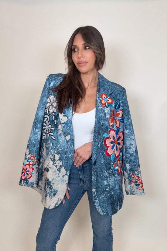 Denim Floral Print Blazer Born To Glam