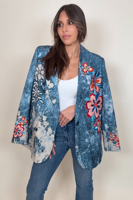 Denim Floral Print Blazer - Born To Glam Born To Glam