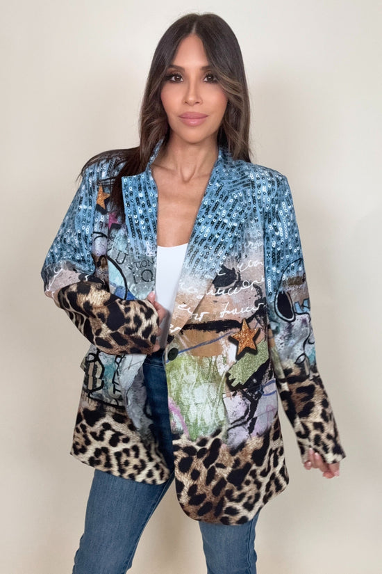 Denim Sequin Print Snoopy Blazer - Born To Glam Born To Glam
