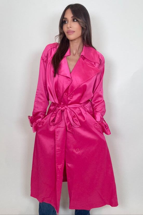 Trendy Hot Pink Chic Satin Belted Trench Coat - Born To Glam Born To Glam