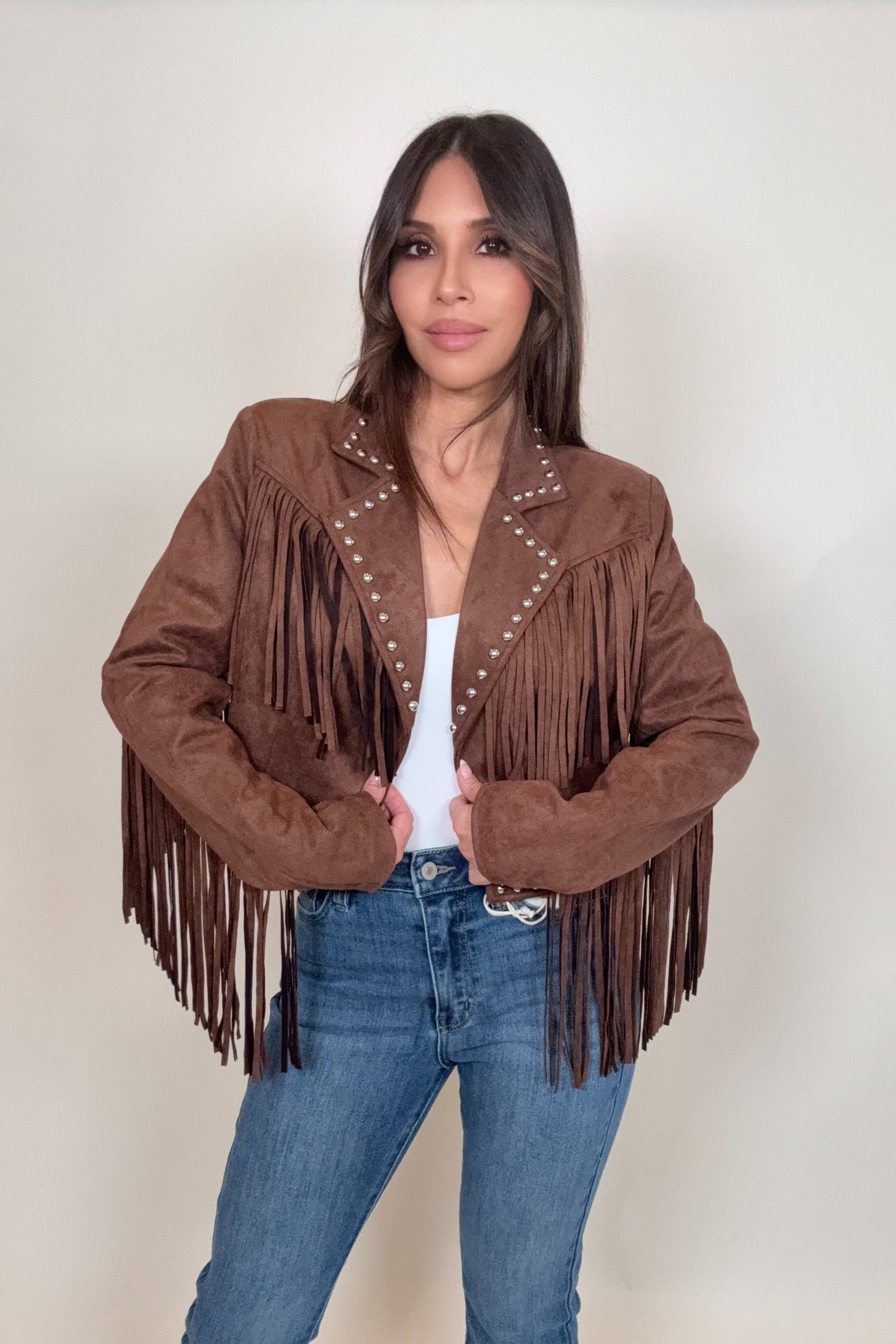 Brown Suede Studded Fringe Jacket Born To Glam