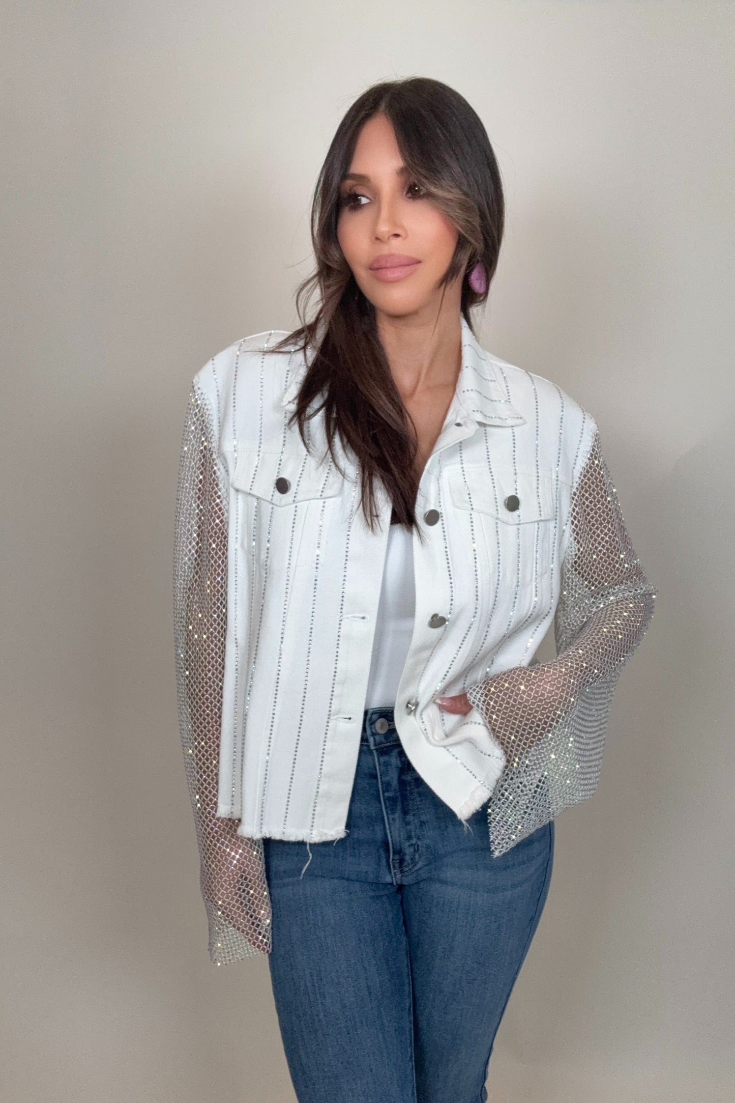 White Mesh Sleeve Denim Jacket Born To Glam
