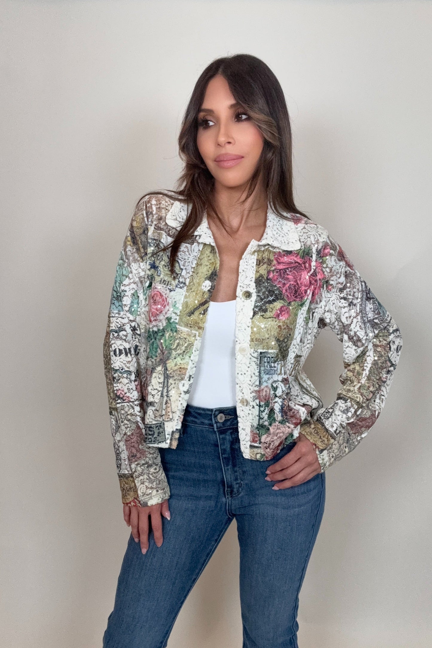 Lace Floral Sequin Crop Jacket - Born To Glam Born To Glam