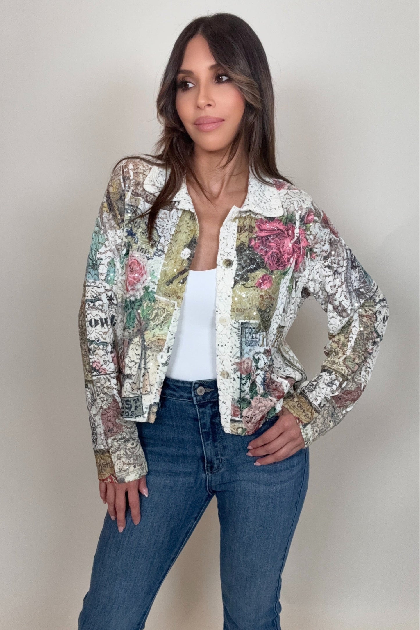 Lace Floral Sequin Crop Jacket - Born To Glam Born To Glam