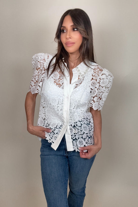 Pearl Embellished Collar Lace Blouse - Born To Glam Born To Glam