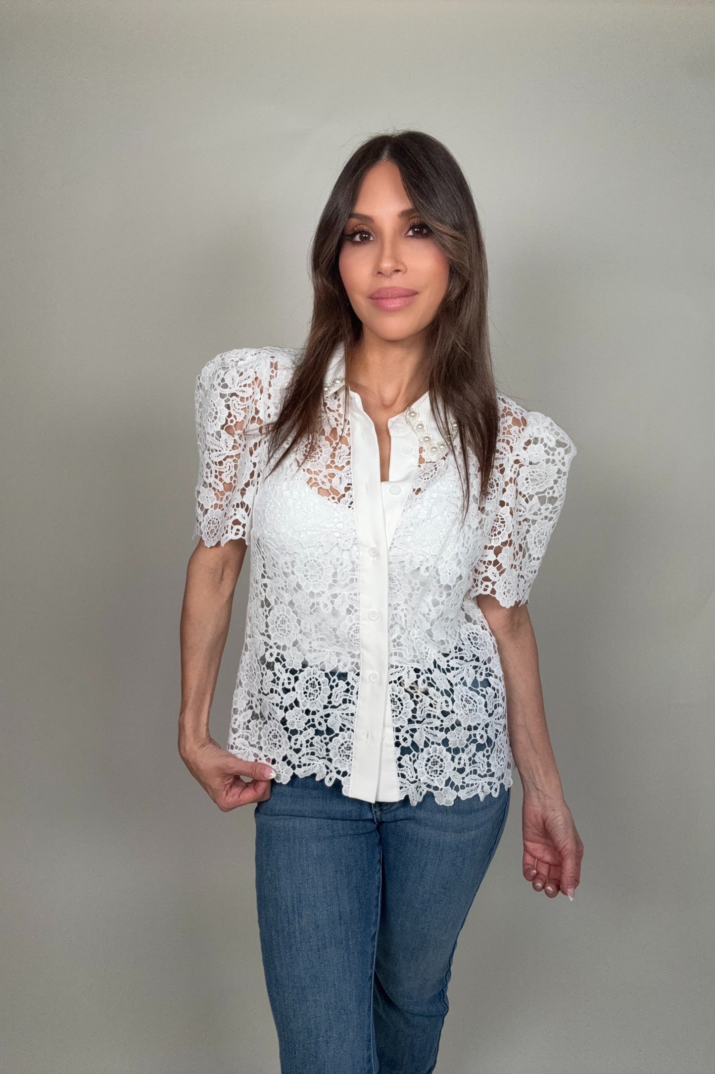 Pearl Embellished Collar Lace Blouse - Born To Glam Born To Glam