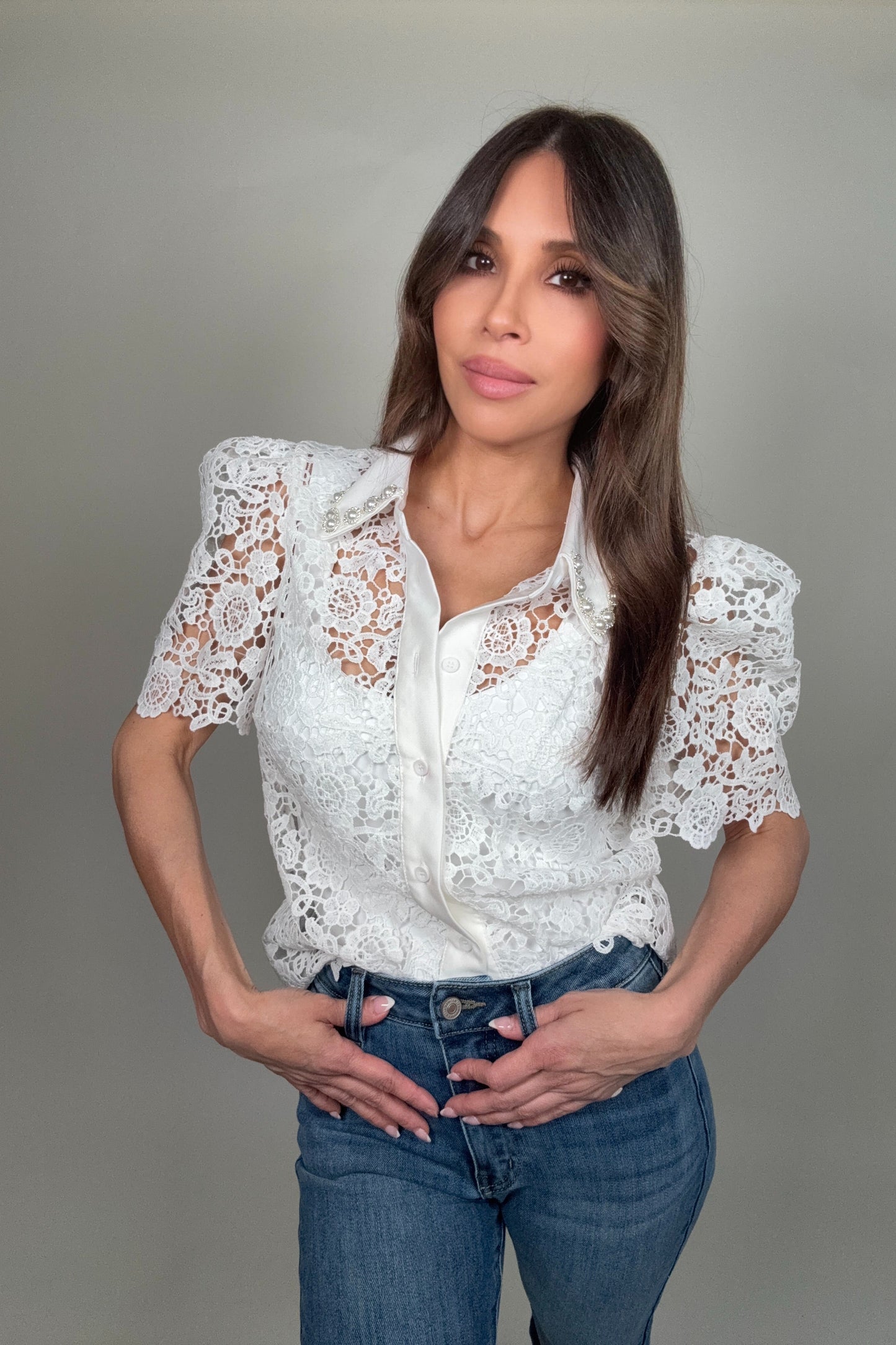 Pearl Embellished Collar Lace Blouse - Born To Glam Born To Glam