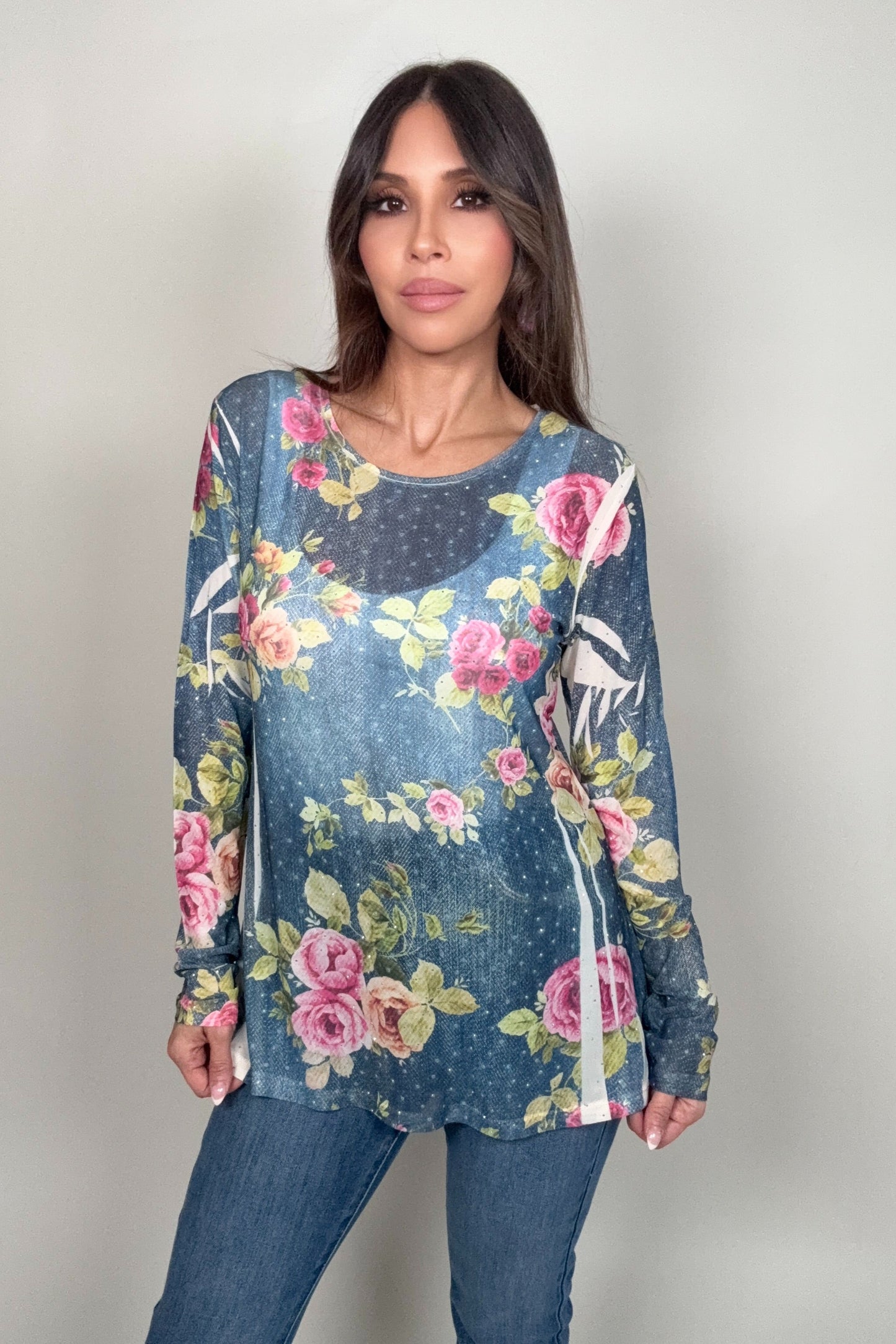 Denim Blue Floral Mesh Top - Born To Glam Born To Glam
