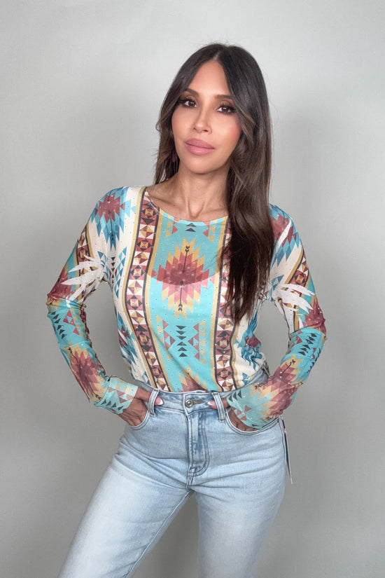 TURQUOISE WESTERN MESH TOP Born To Glam