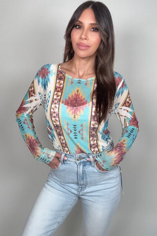 TURQUOISE WESTERN MESH TOP Born To Glam