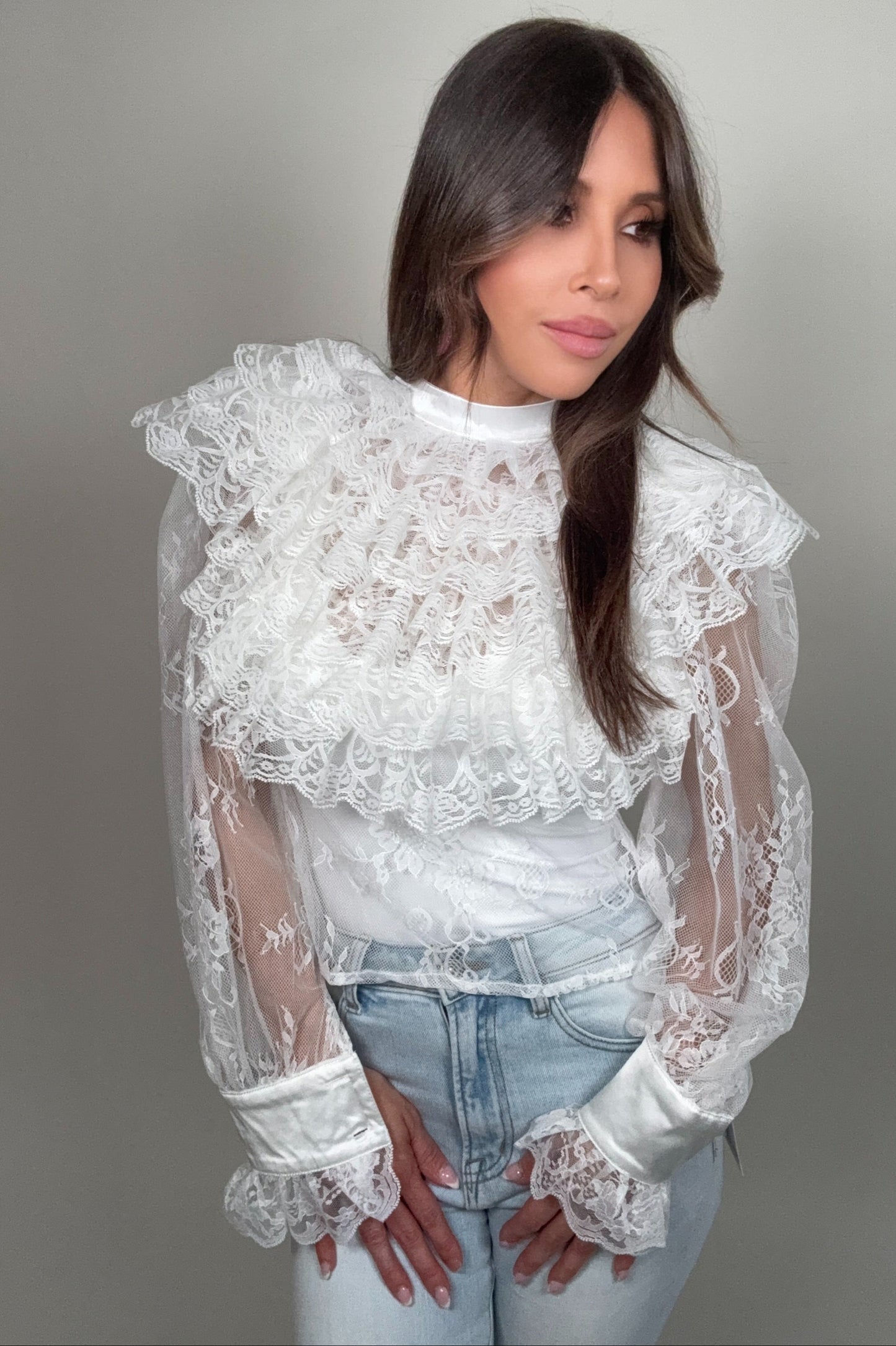 Tiered Front Ruffles Lace Mesh Blouse - Born To Glam Born To Glam