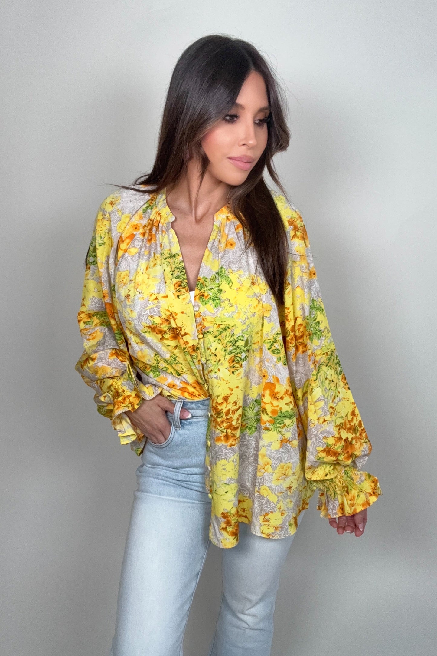 Yellow Floral Ruffle Cuff Top - Born To Glam Born To Glam