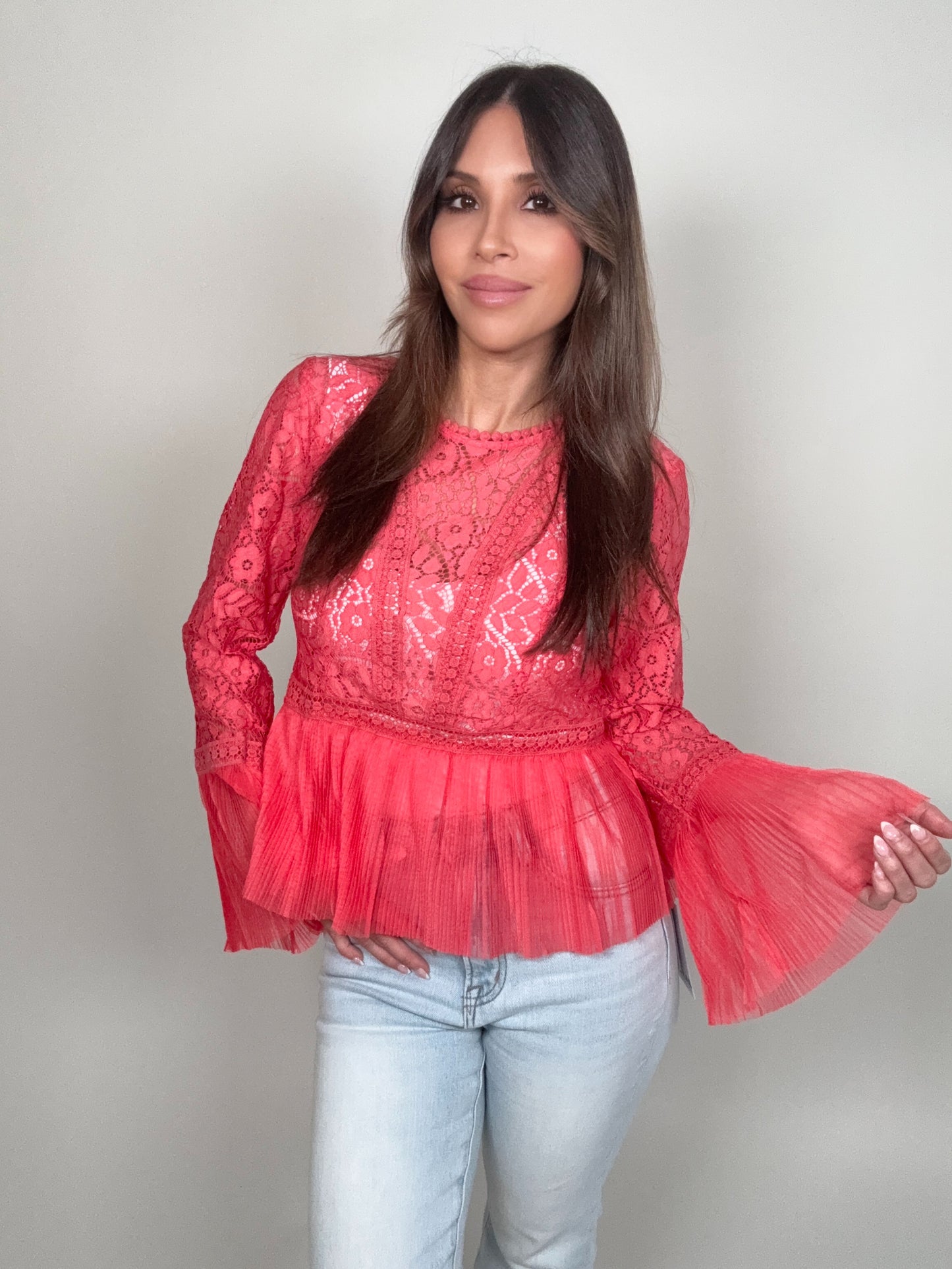 Lace Chiffon Pleated Blouse - Born To Glam Born To Glam