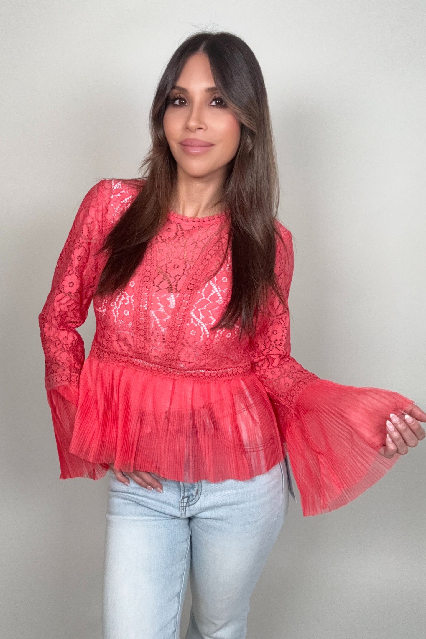 Lace Chiffon Pleated Blouse - Born To Glam Born To Glam