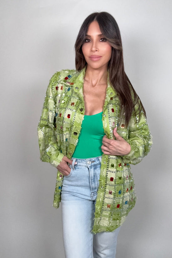 Lime Green Chic Multicolor Crystal Checkered Top Born To Glam