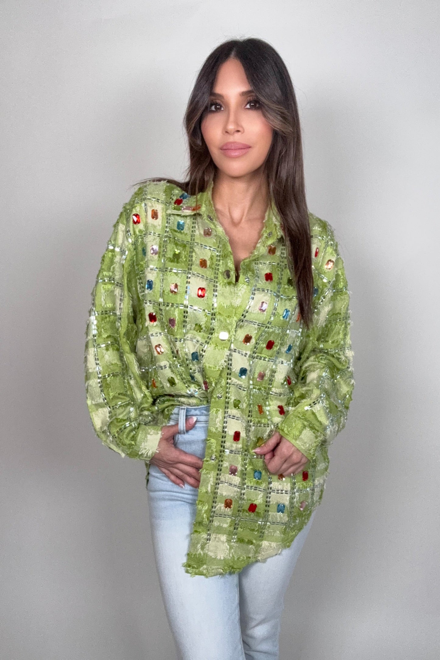 Lime Green Chic Multicolor Crystal Checkered Top Born To Glam