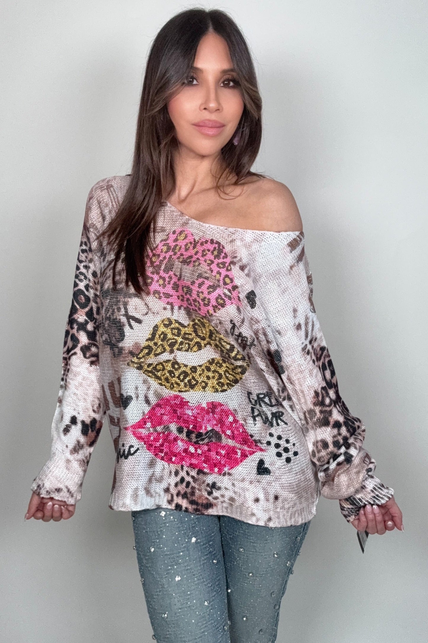 Pink Lips Round Neck Printed Sweater - Born To Glam Born To Glam